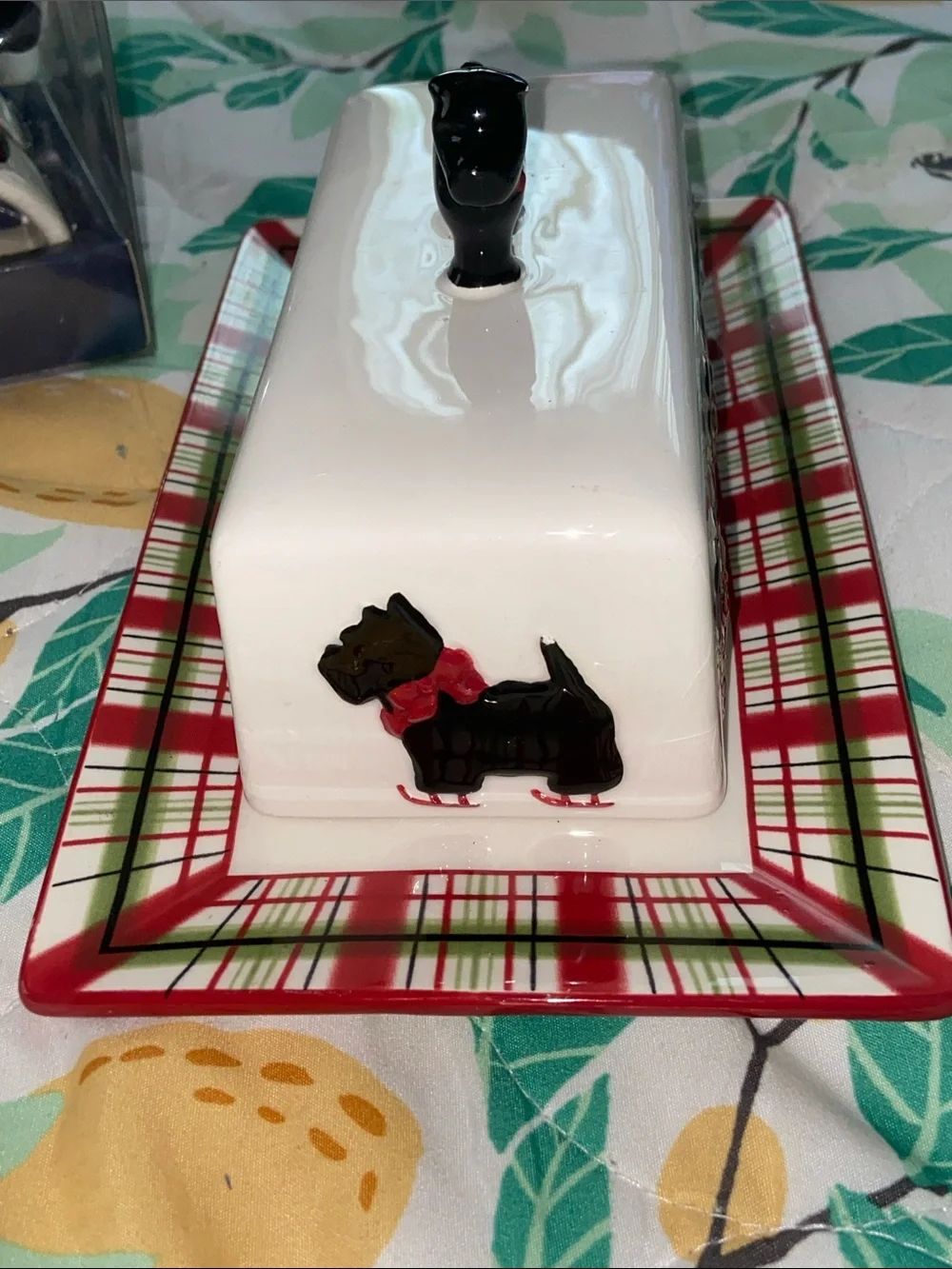 KATE WILLIAMS SCOTTIE PLAID Terrier Finial Ceramic Butter Dish